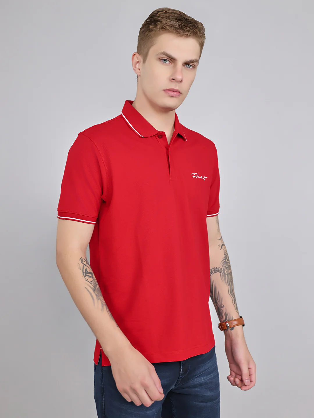 Rock.it Men Red Solid Collar Half Sleeve T-Shirt - Image 3