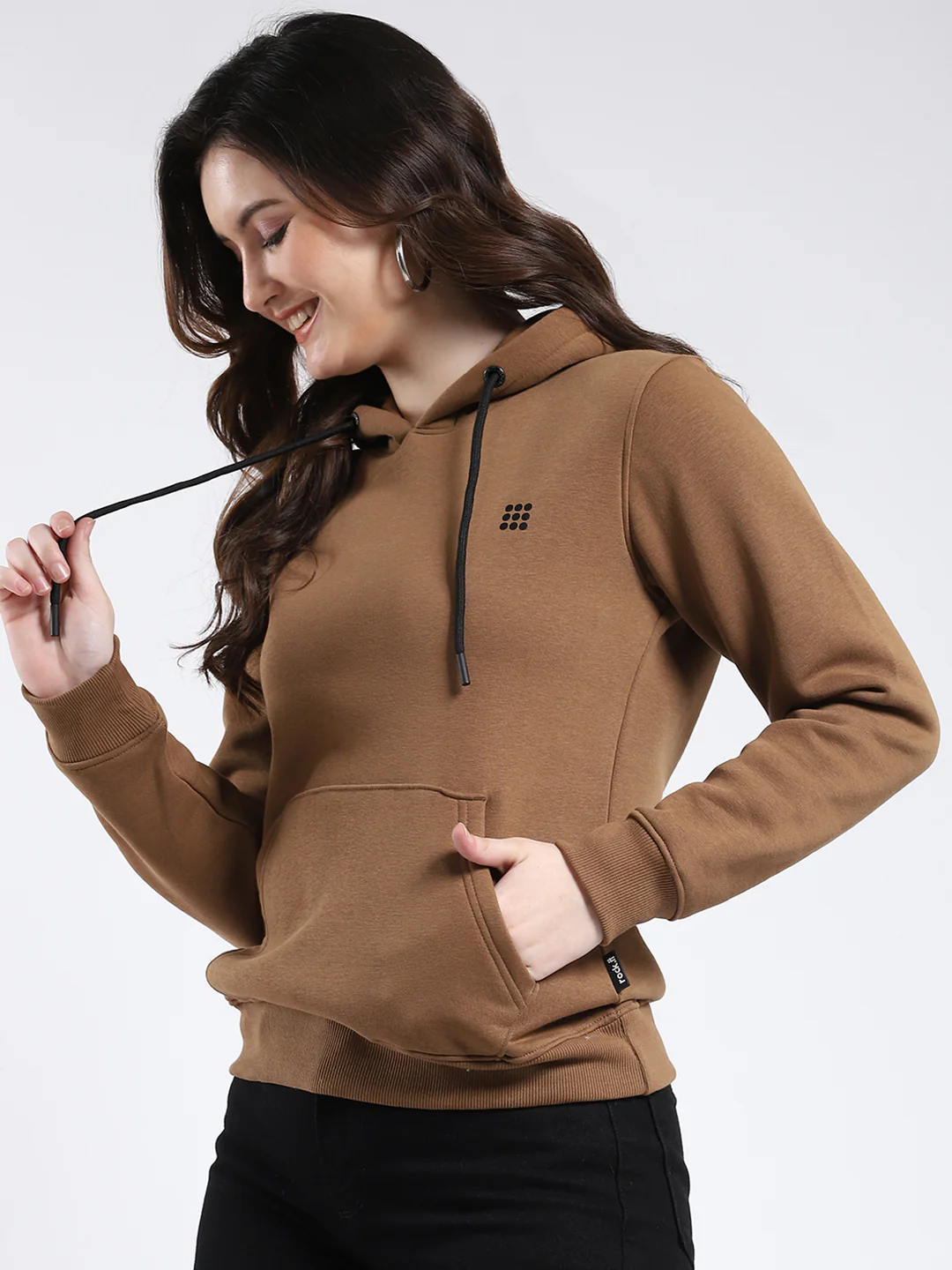 Rock.it Women Brown Solid Hooded Full Sleeve Sweatshirt - Image 3