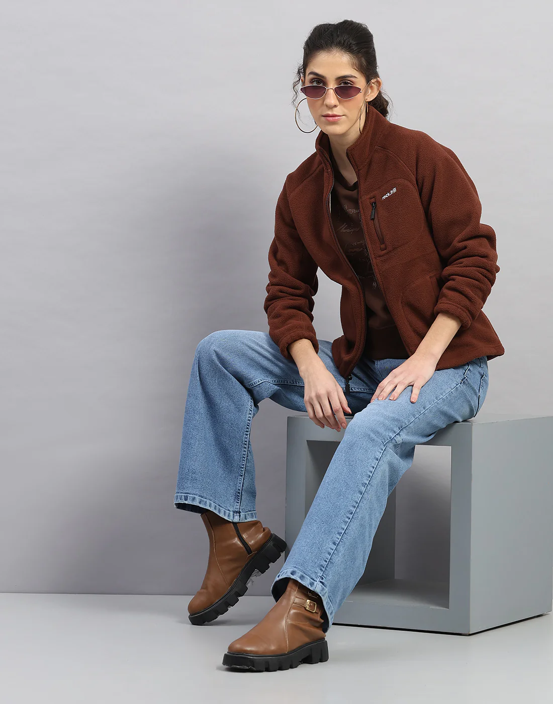 Rock.it Women Brown Solid Turtle Neck Full Sleeve Sweatshirt - Image 5