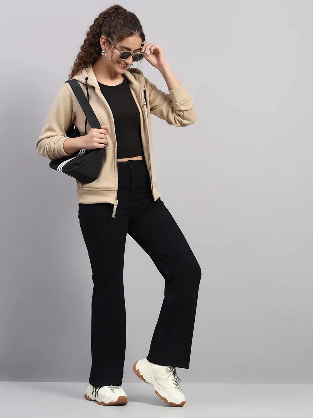 Rock.it Women Cream Solid Hooded Full Sleeve Sweatshirt - Image 2