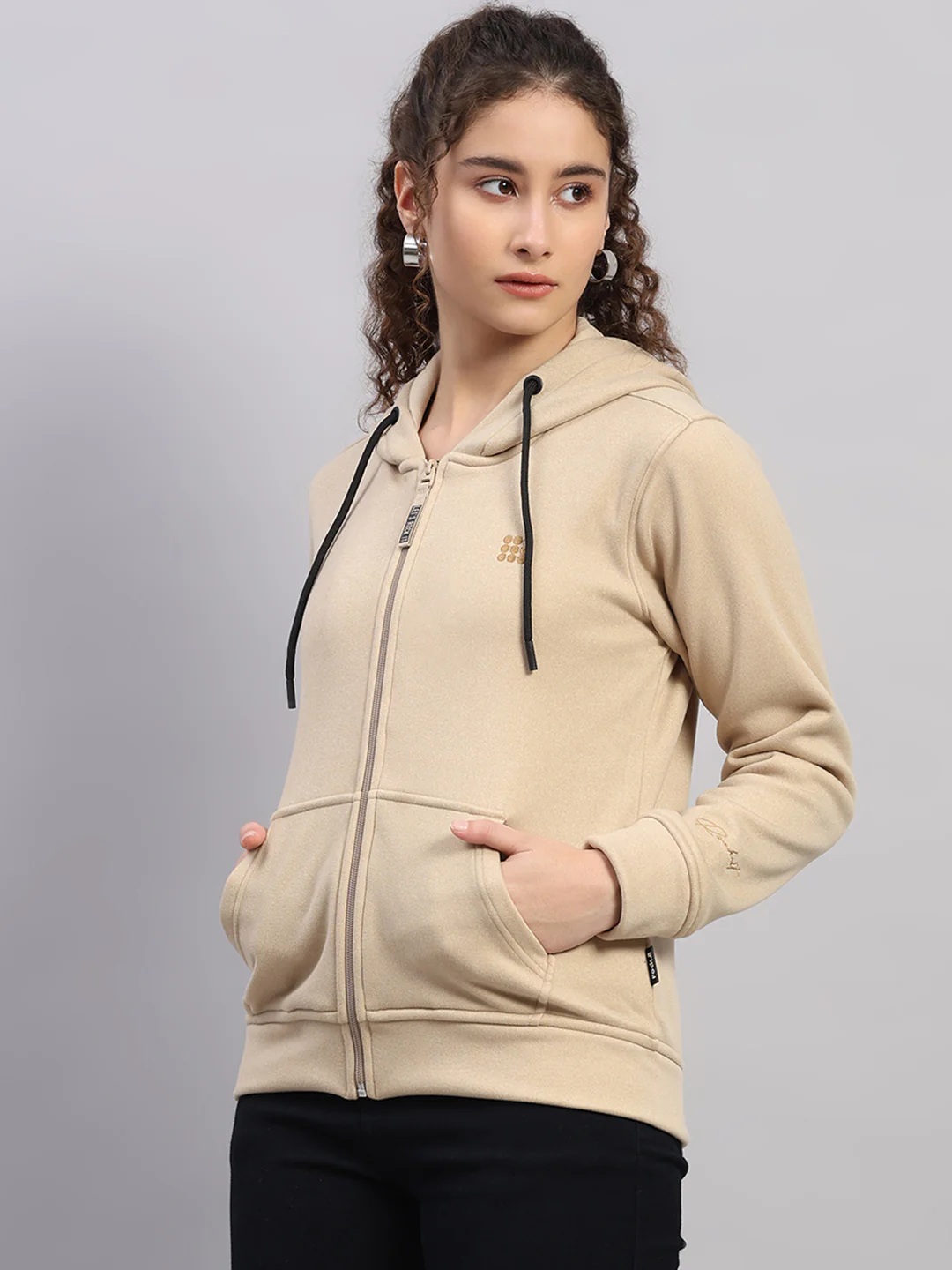 Rock.it Women Cream Solid Hooded Full Sleeve Sweatshirt - Image 3