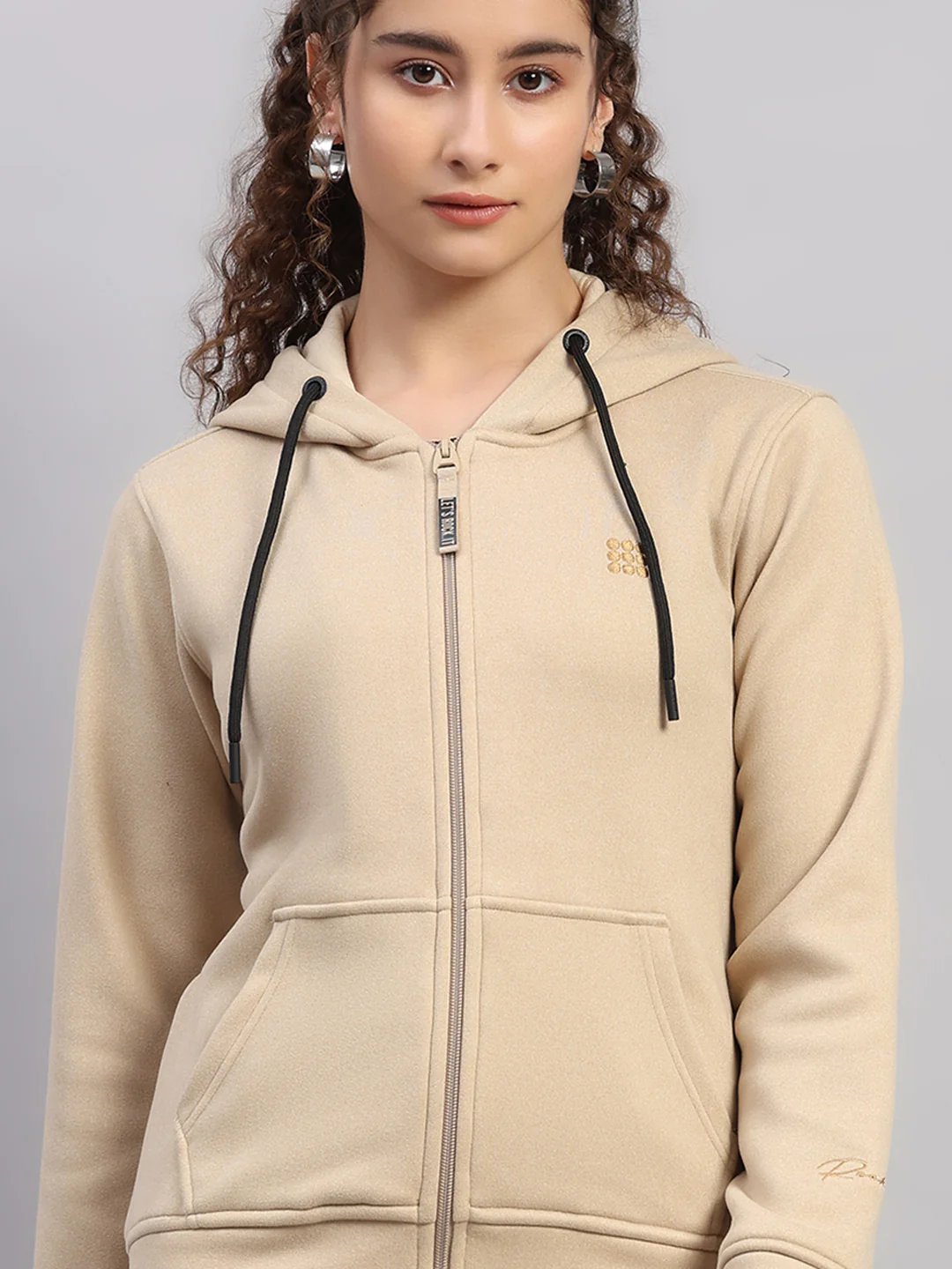 Rock.it Women Cream Solid Hooded Full Sleeve Sweatshirt - Image 6