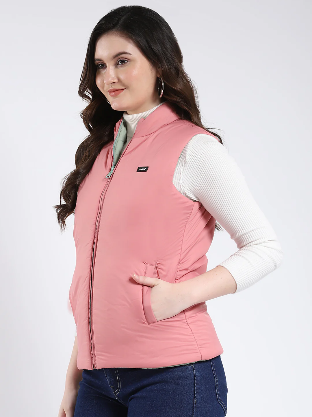 Rock.it Women Green & Pink Solid Mock Neck Sleeveless Jacket - Image 8