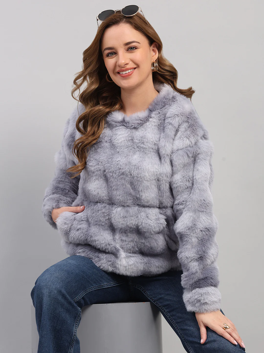 Rock.it Women Grey Self Design Round Neck Full Sleeve Sweatshirt - Image 6