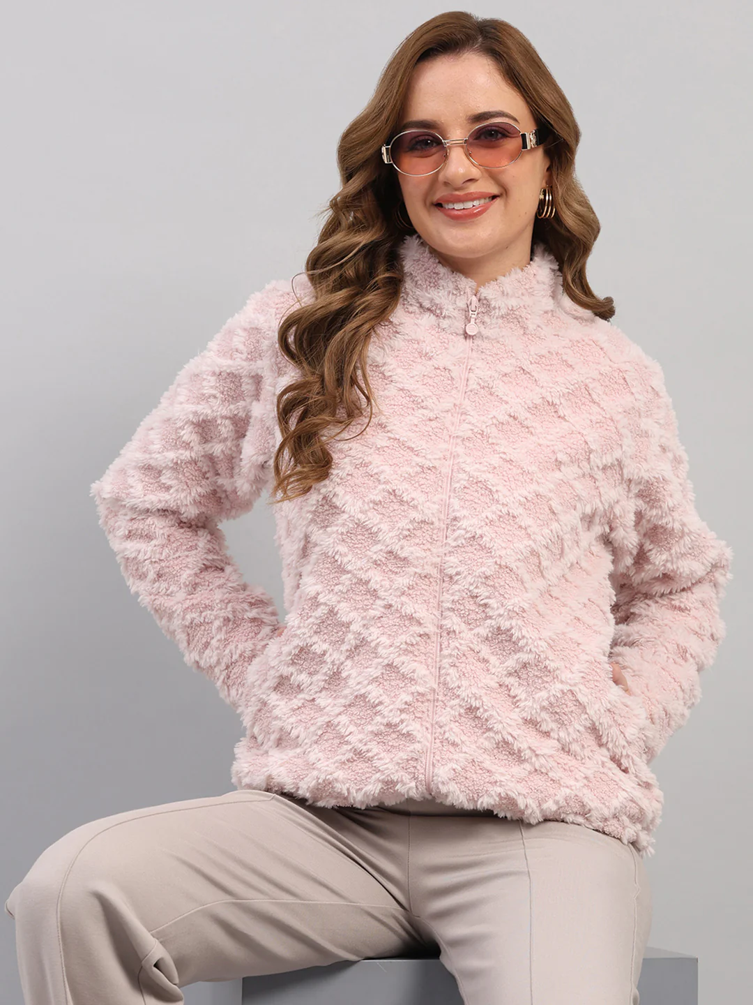 Rock.it Women Peach Self Design Round Neck Full Sleeve Knitted Jacket - Image 6