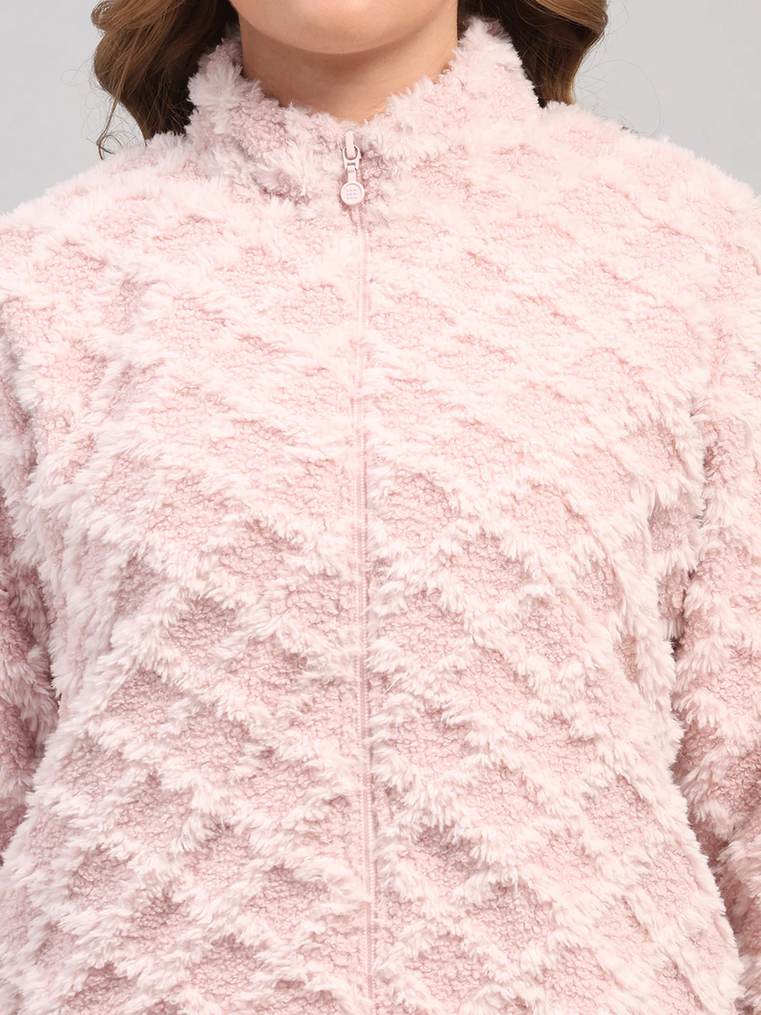 Rock.it Women Peach Self Design Round Neck Full Sleeve Knitted Jacket - Image 7