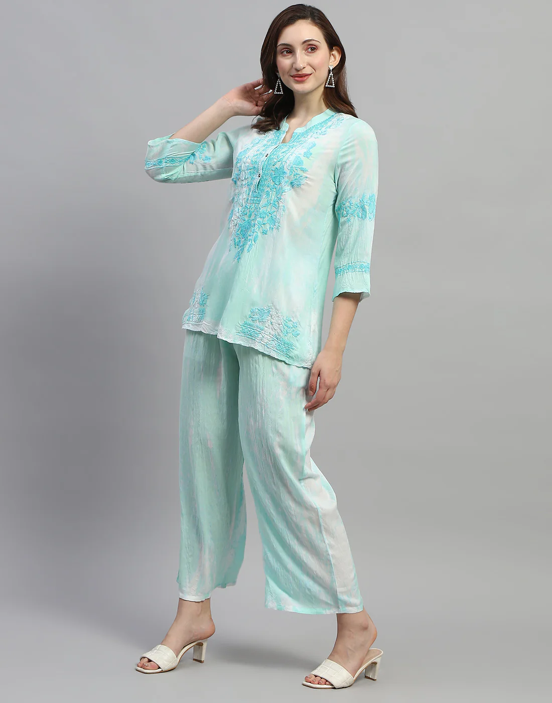 Women Aqua Blue Embroidered V Neck 3/4 Sleeve Cords Set - Image 3