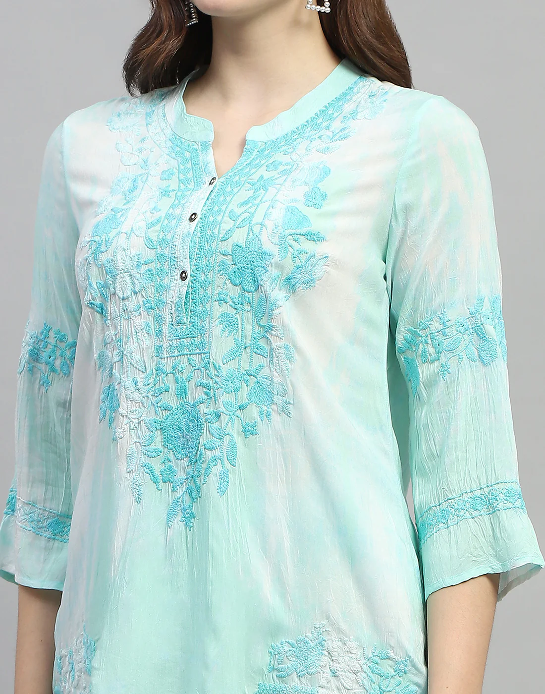 Women Aqua Blue Embroidered V Neck 3/4 Sleeve Cords Set - Image 6