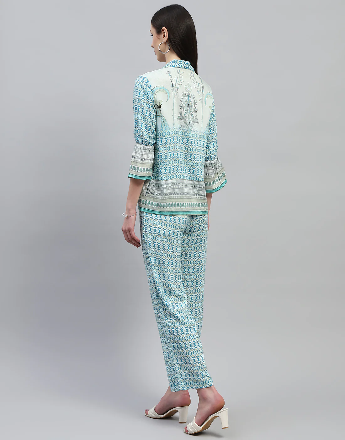 Women Aqua Blue Printed Collar Neck 3/4 Sleeve Lower Set - Image 5