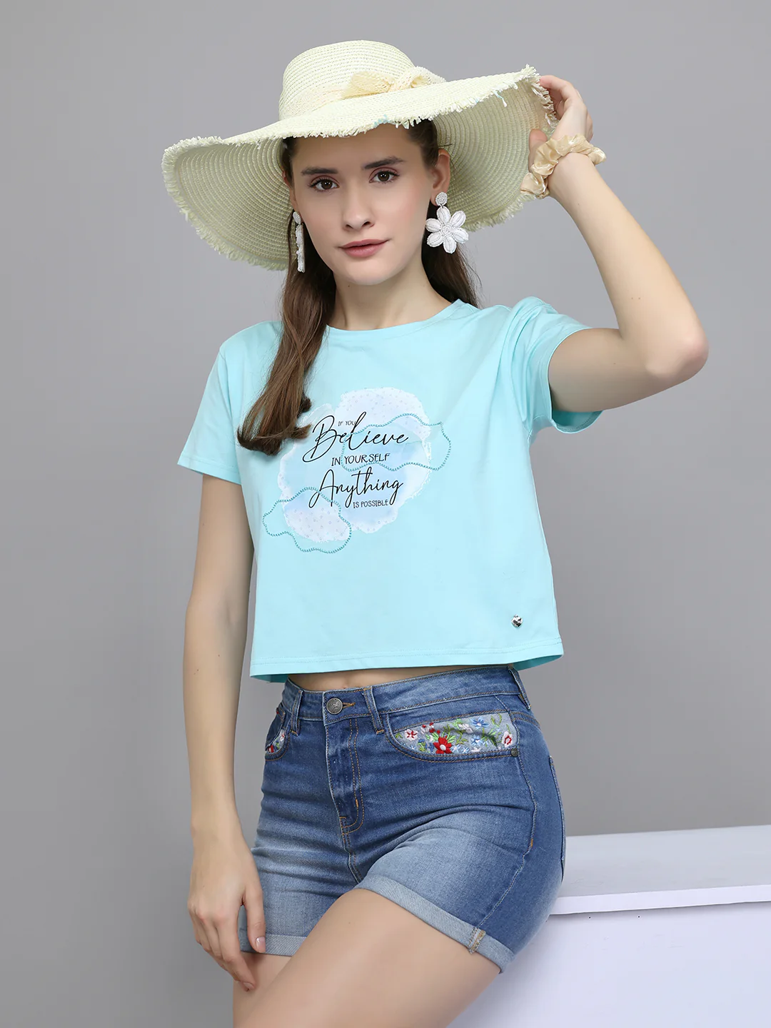 Women Aqua Blue Printed Round Neck Half Sleeve Top - Image 7