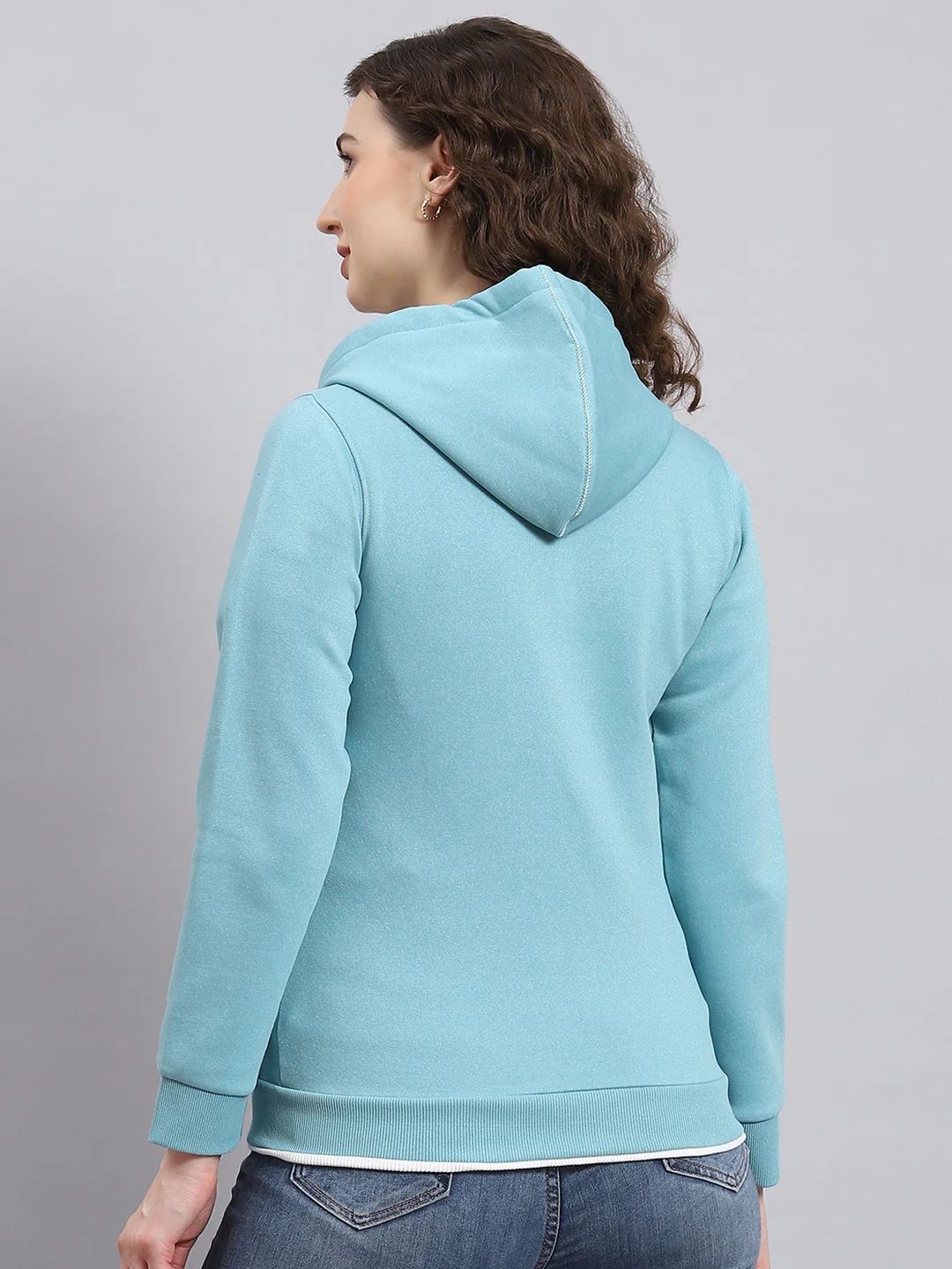 Women Aqua Blue Solid Hooded Full Sleeve Sweatshirt - Image 4