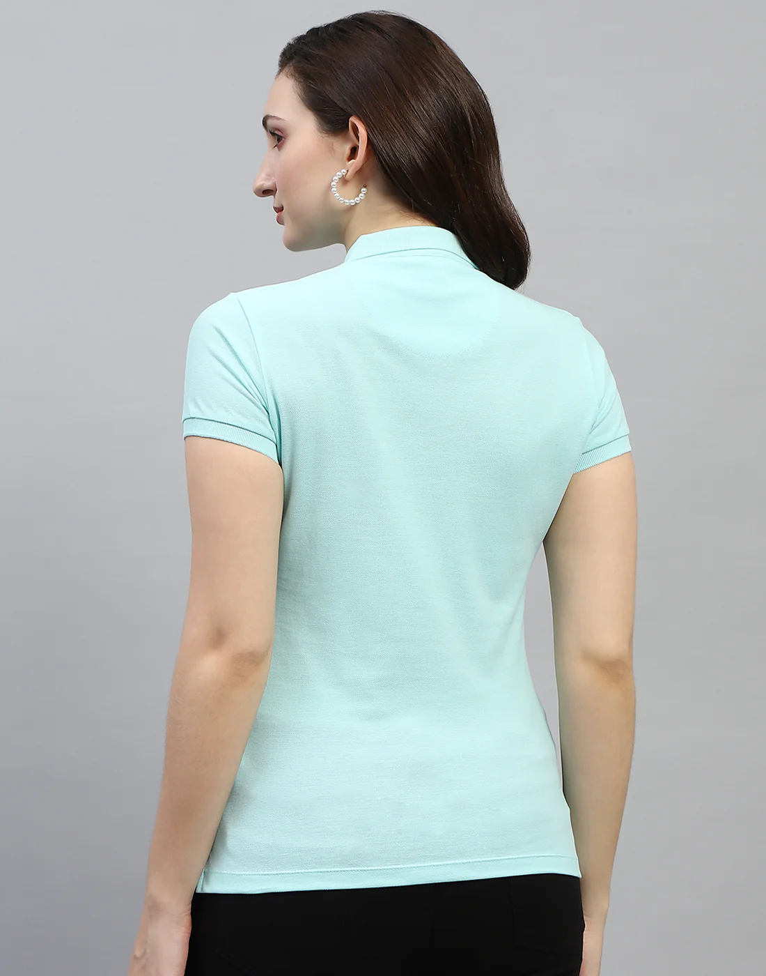 Women Aqua Blue Solid Polo Collar Half Sleeve T Shirt - Image 5