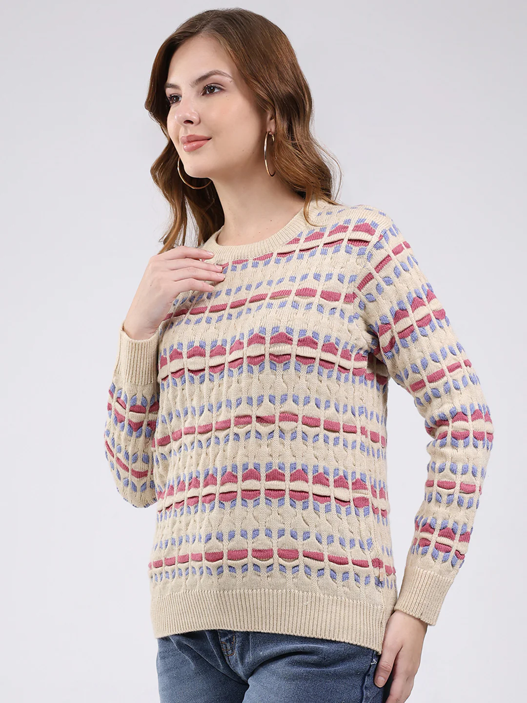 Women Beige Abstract Round Neck Full Sleeve Winter Top - Image 3