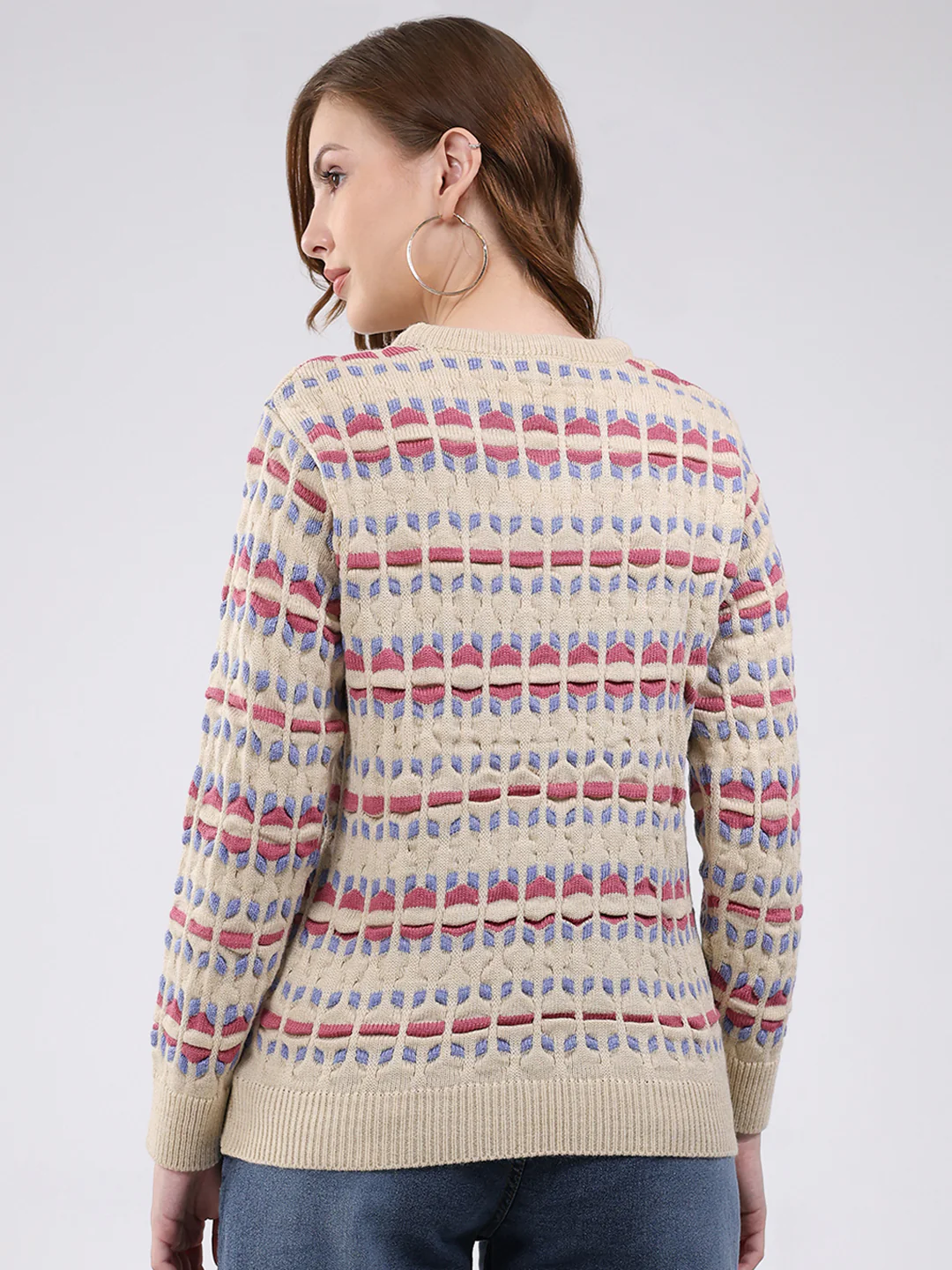 Women Beige Abstract Round Neck Full Sleeve Winter Top - Image 5