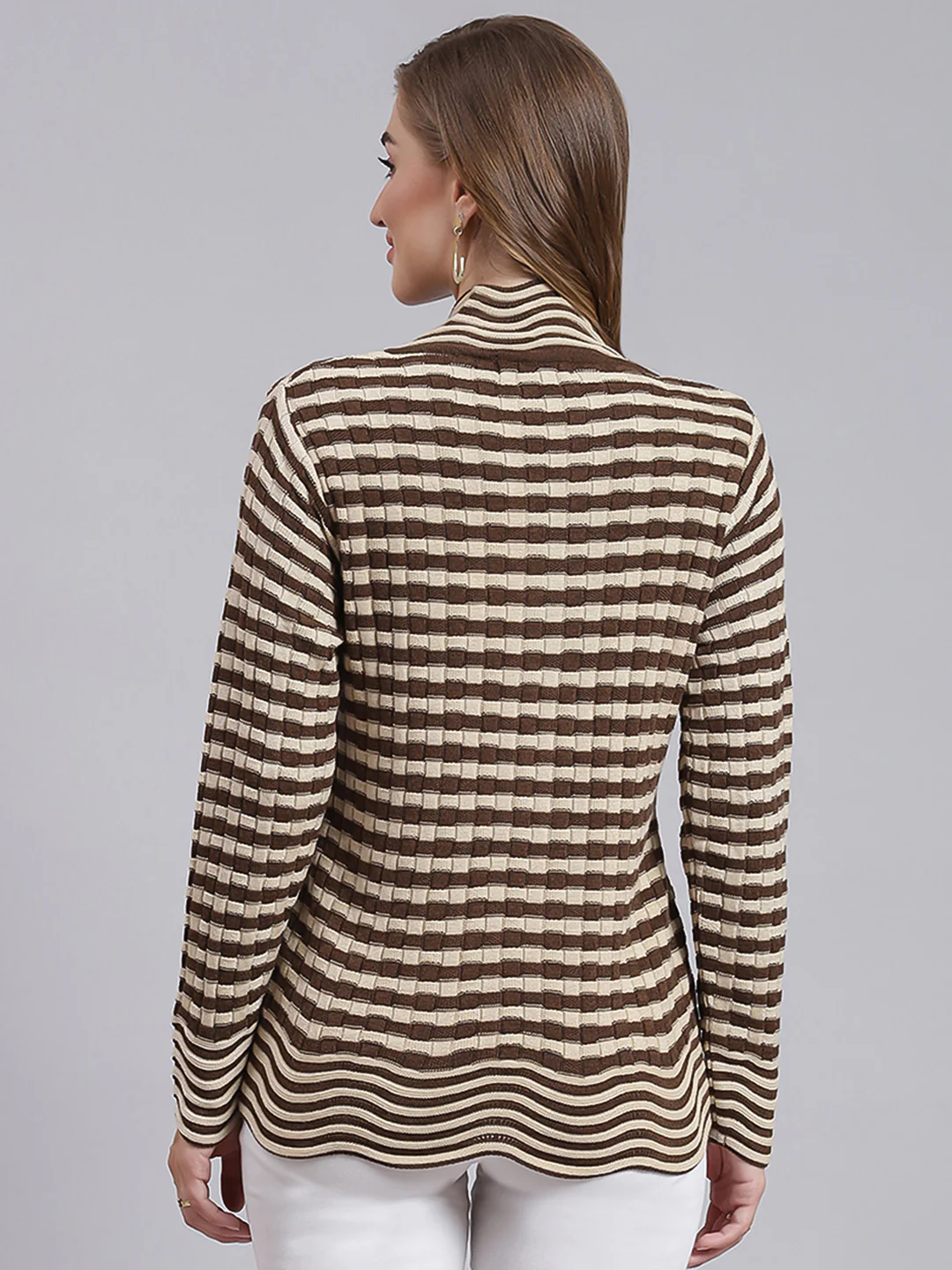 Women Beige & Brown Stripe Wool blend Cardigan - Image 5