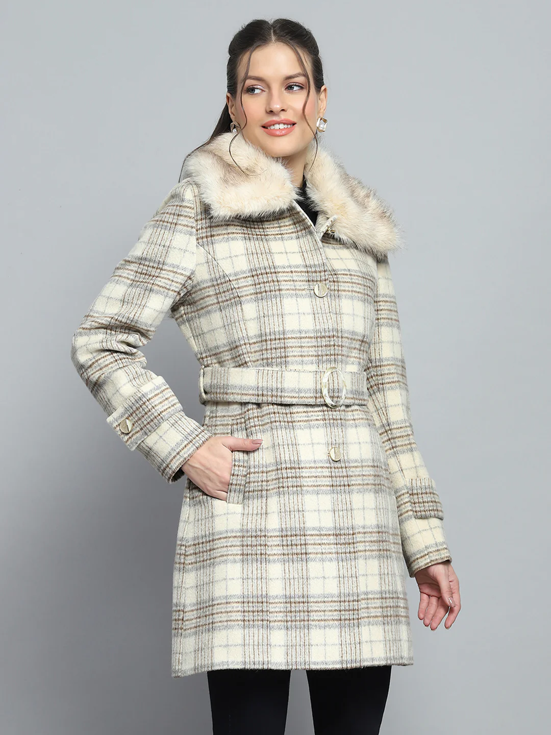Women Beige Check Collar Full Sleeve Coat - Image 4