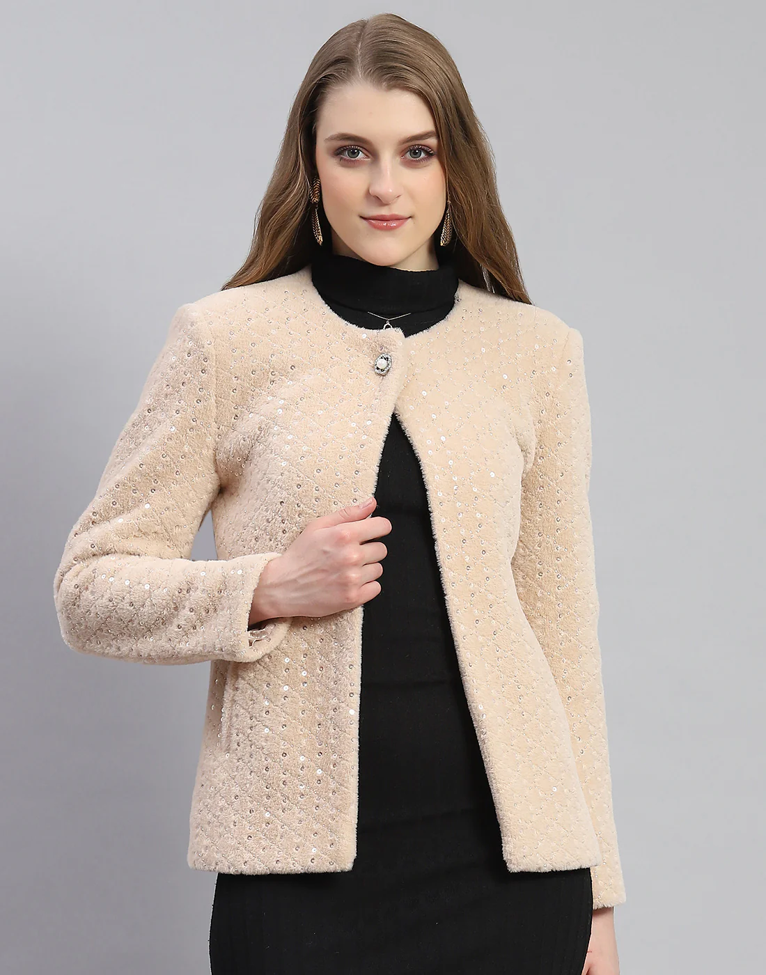 Women Beige Embellished H Neck Full Sleeve Coat - Image 2