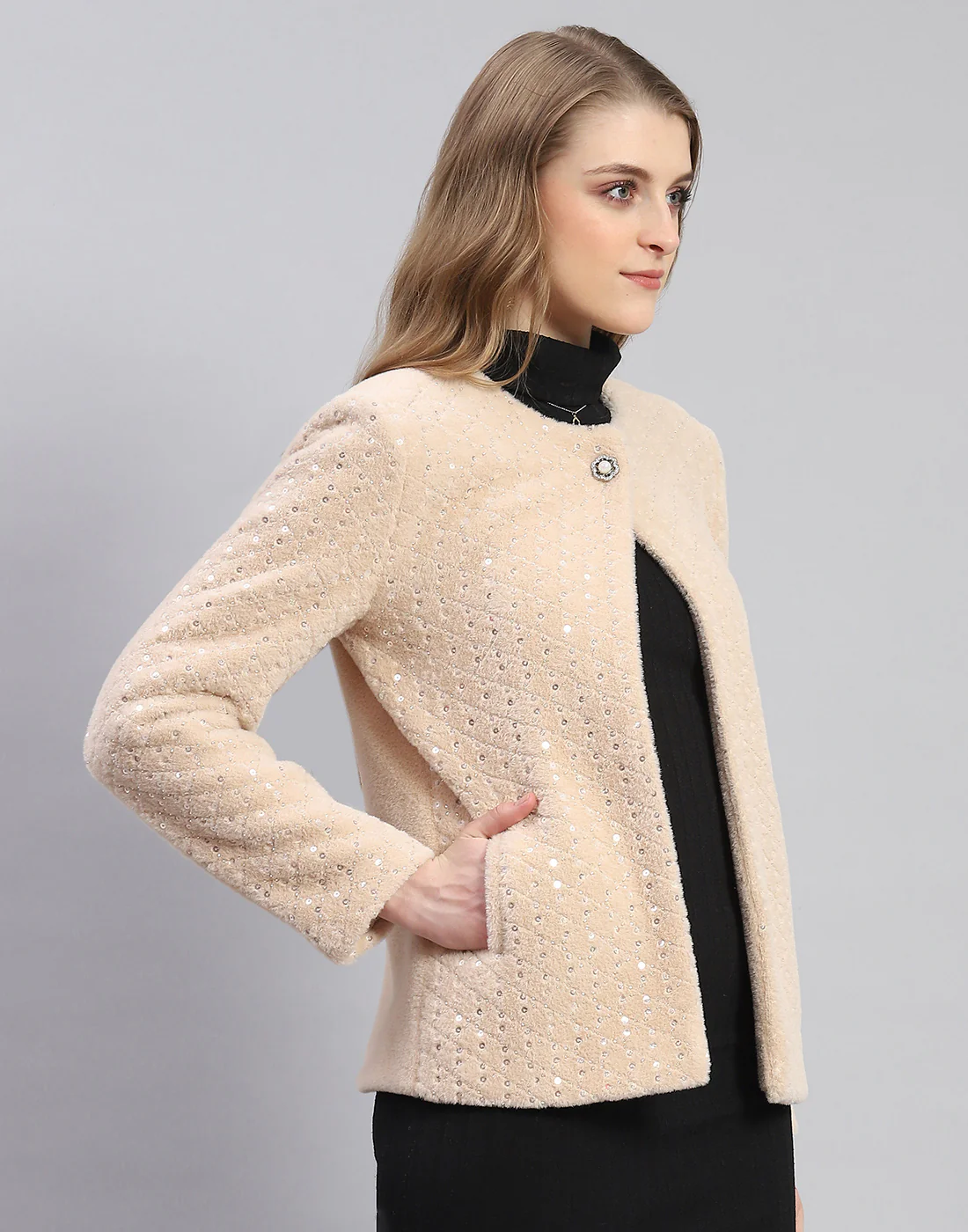 Women Beige Embellished H Neck Full Sleeve Coat - Image 4