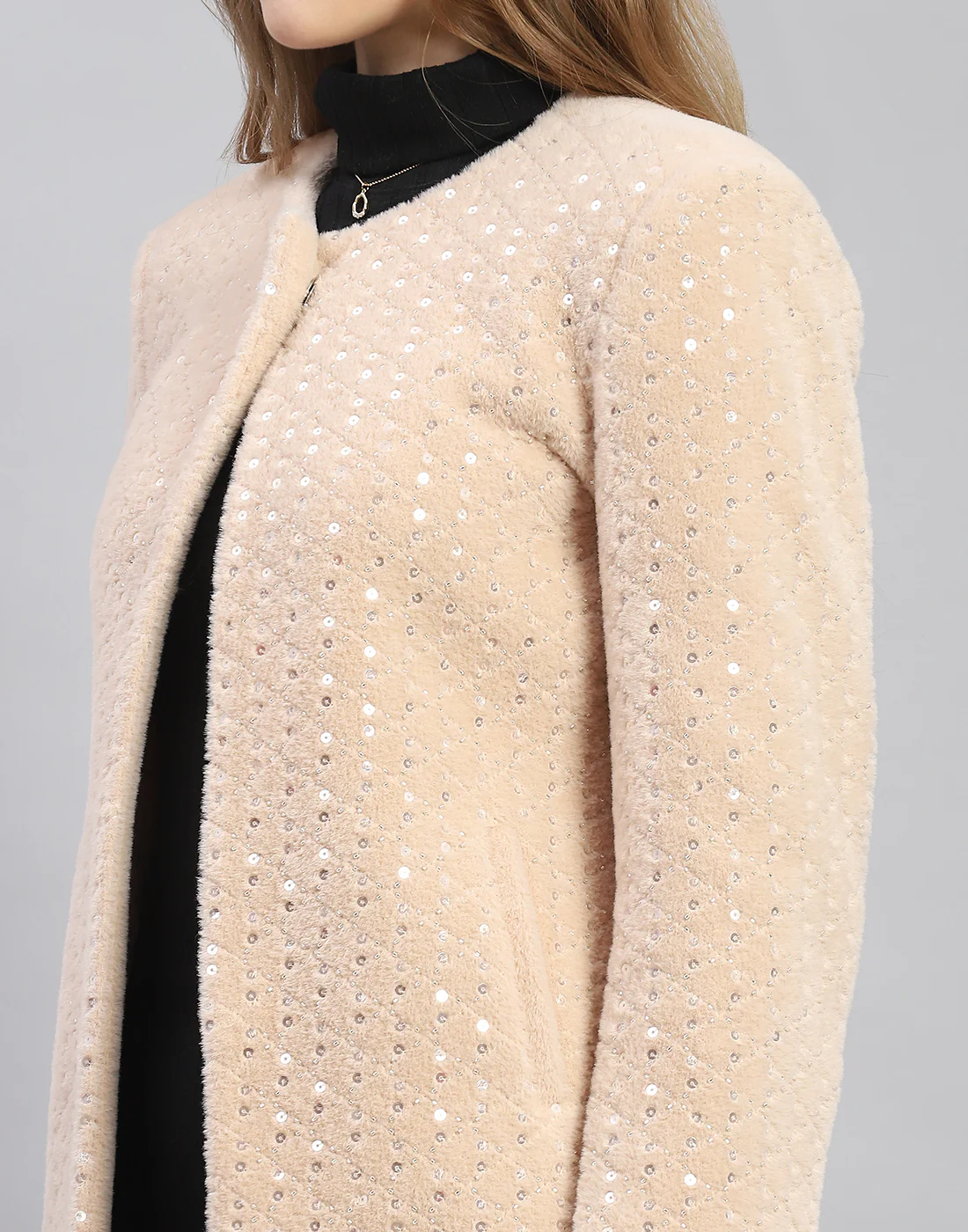 Women Beige Embellished H Neck Full Sleeve Coat - Image 7