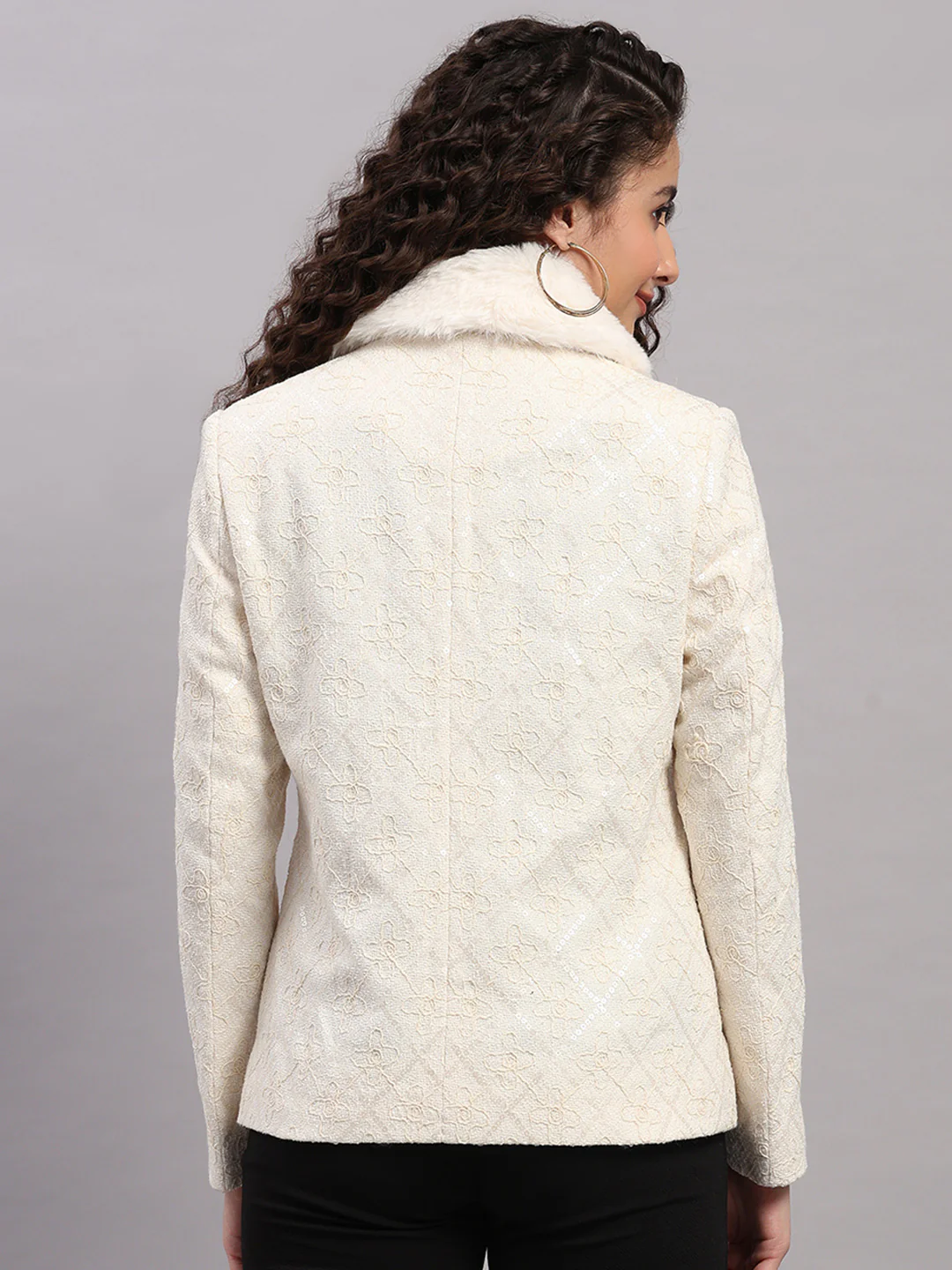 Women Beige Embroidered Collar Full Sleeve Coat - Image 5