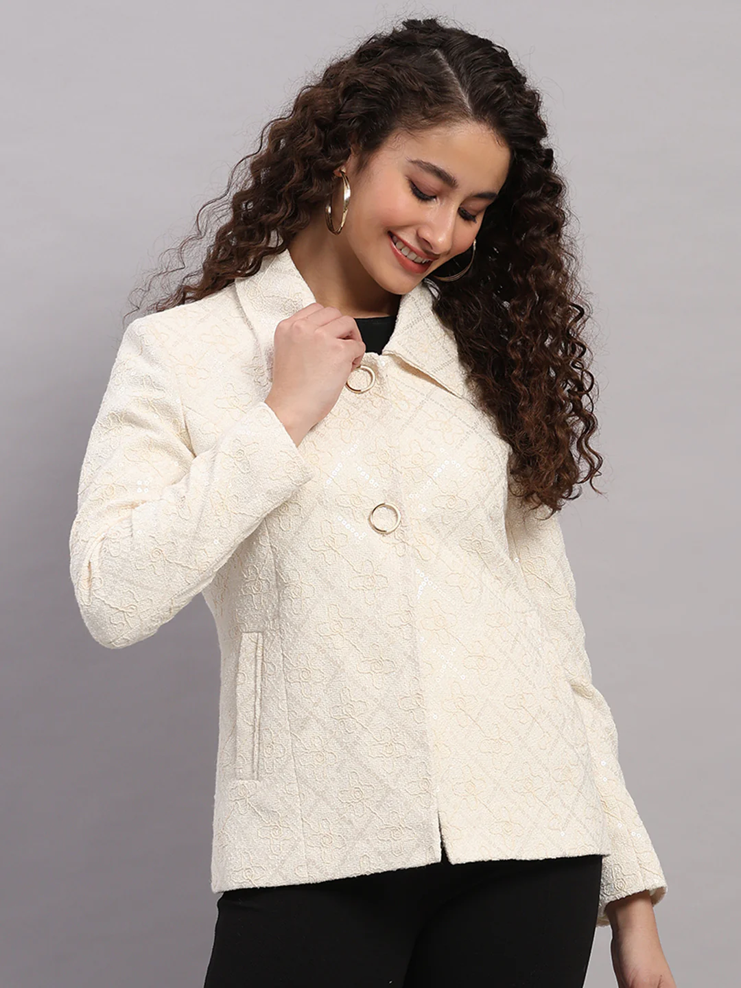 Women Beige Embroidered Collar Full Sleeve Coat - Image 6