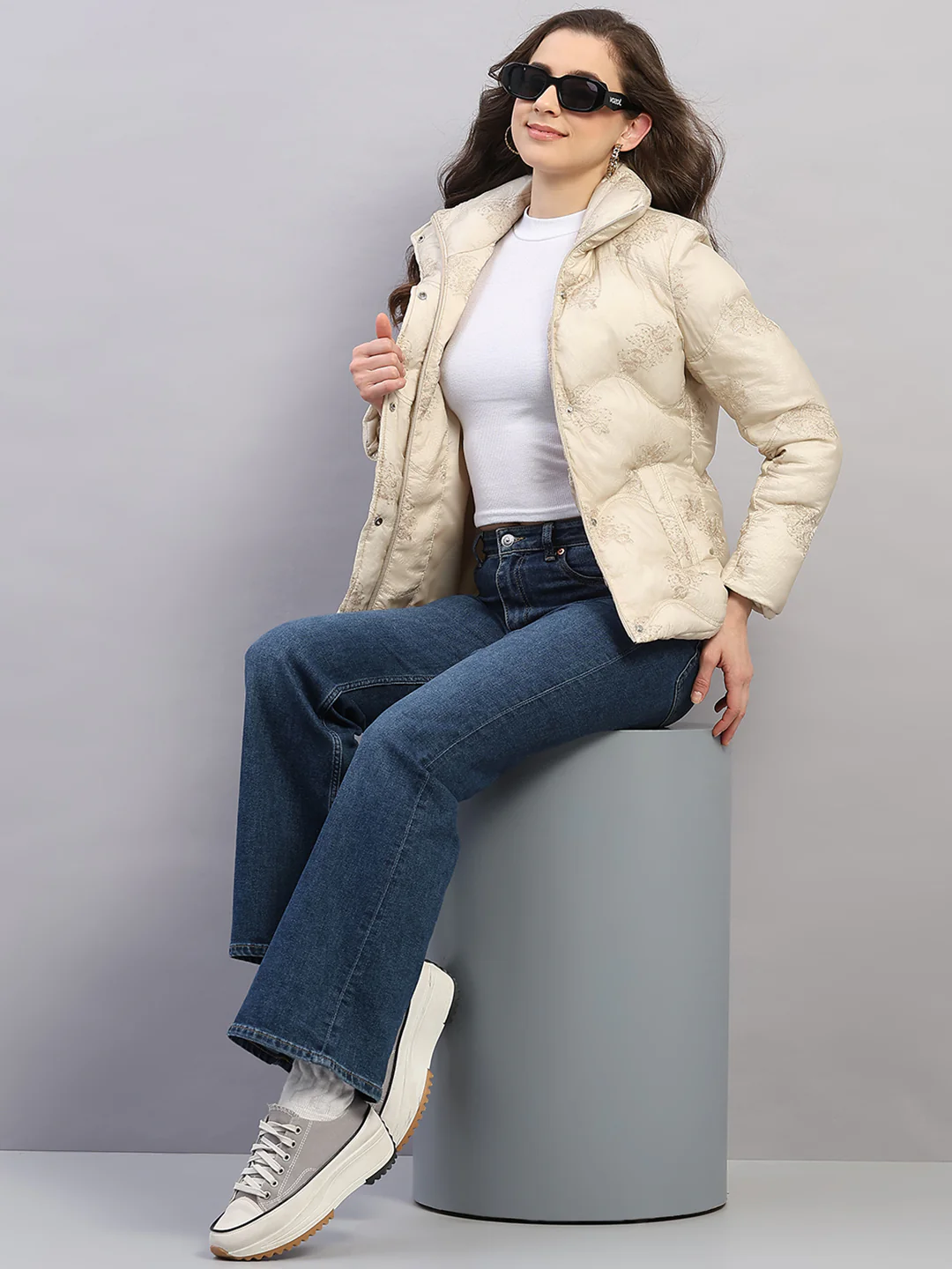 Women Beige Embroidered Collar Full Sleeve Jacket - Image 2