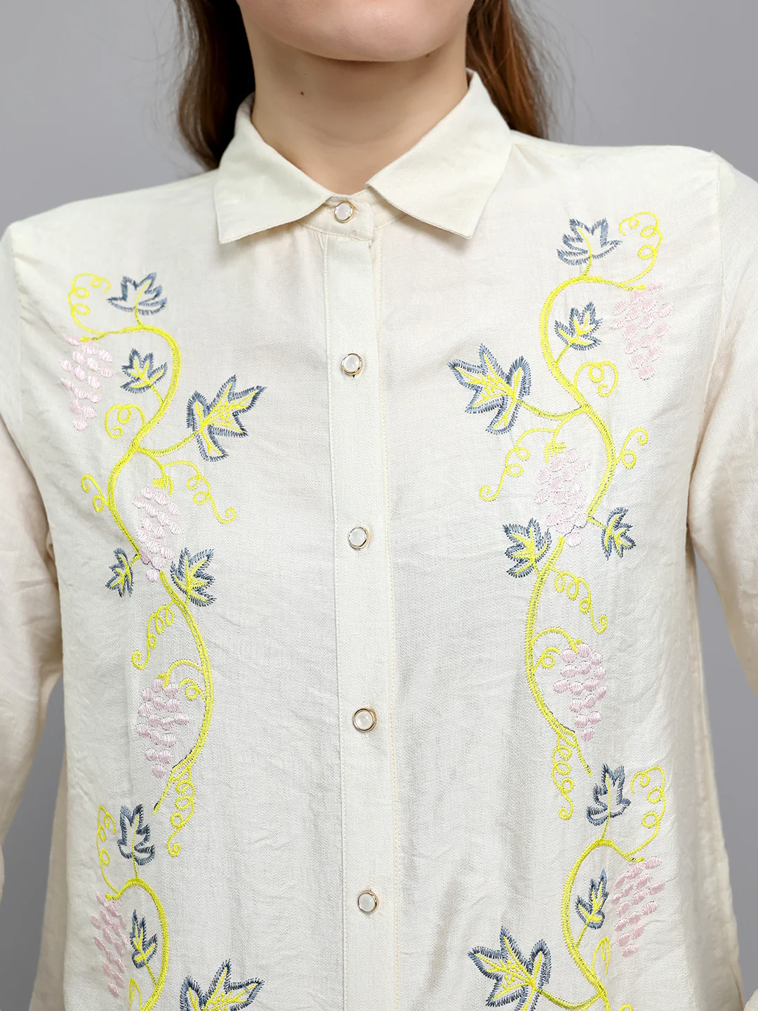 Women Beige Embroidered Collar Full Sleeve Top - Image 5