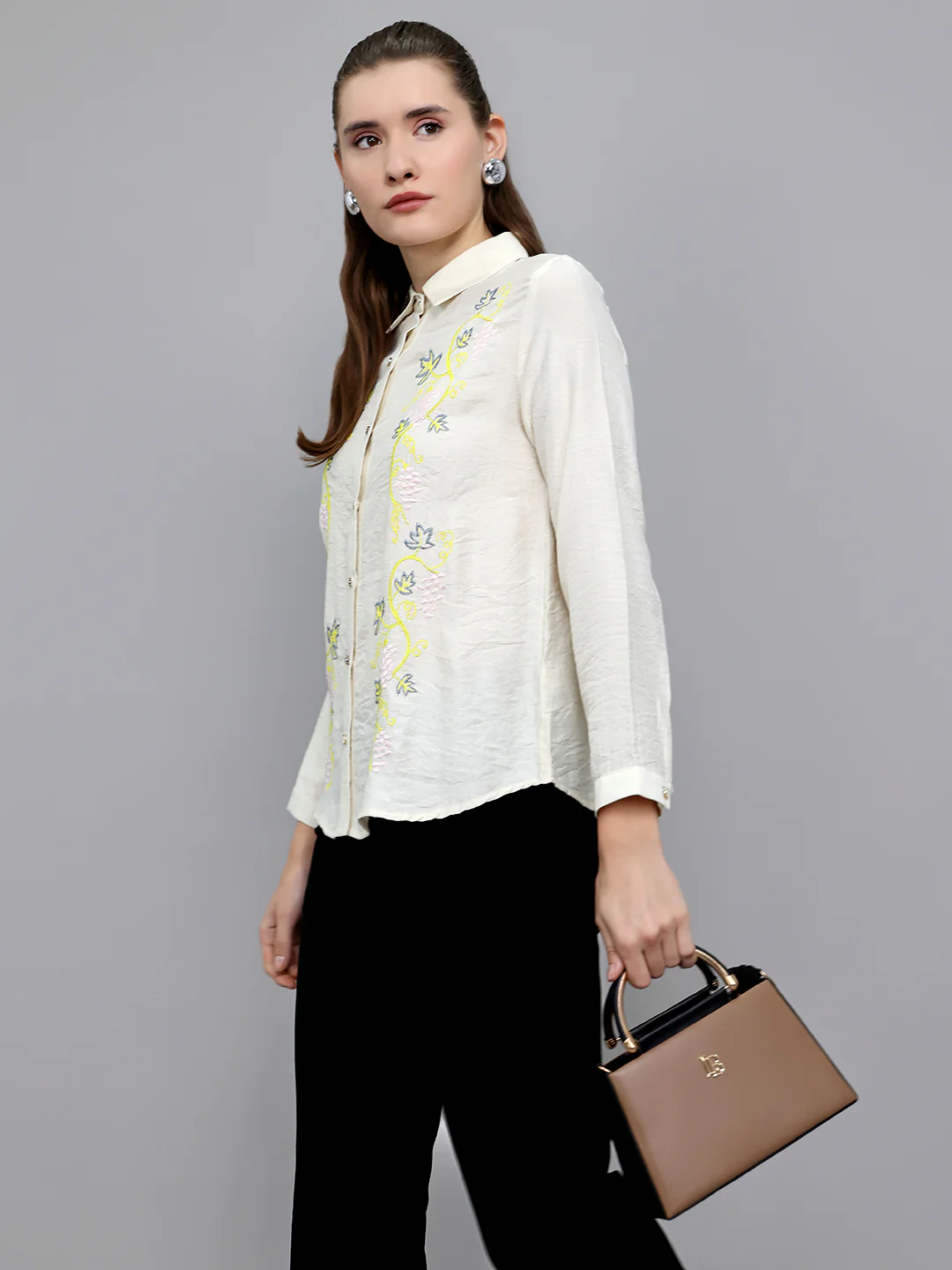 Women Beige Embroidered Collar Full Sleeve Top - Image 7