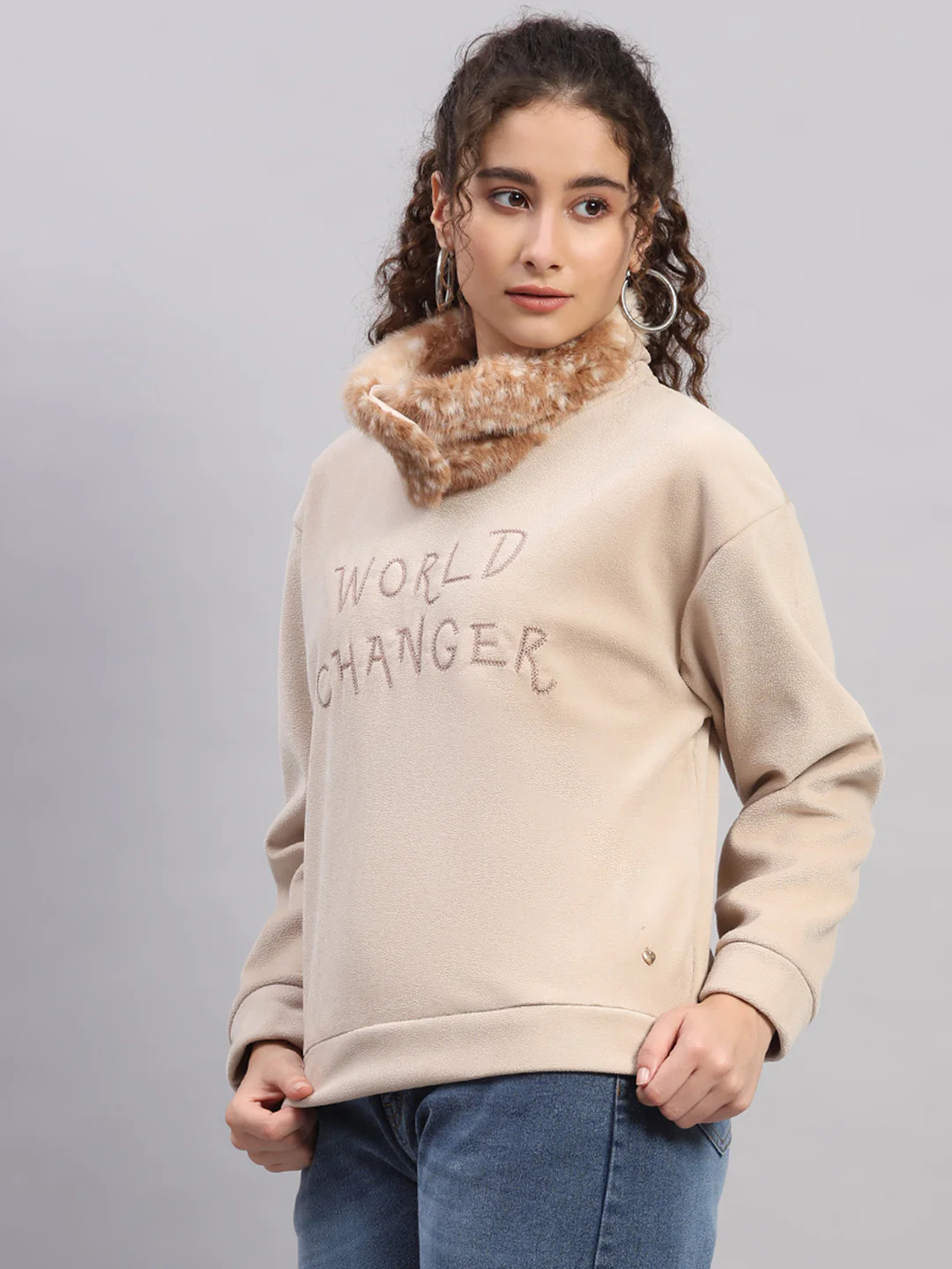 Women Beige Embroidered Round Neck Full Sleeve Sweatshirt - Image 3