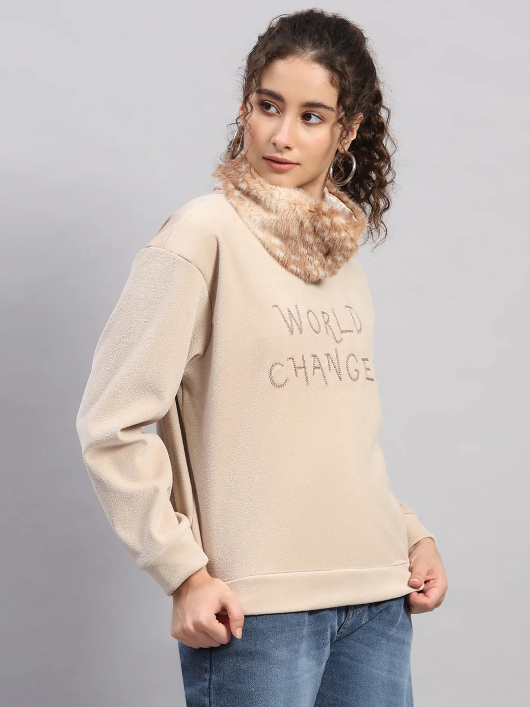 Women Beige Embroidered Round Neck Full Sleeve Sweatshirt - Image 4