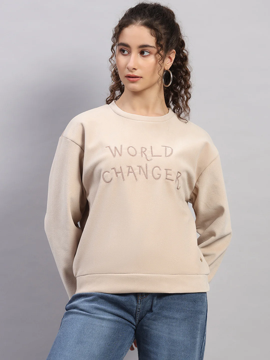 Women Beige Embroidered Round Neck Full Sleeve Sweatshirt - Image 7