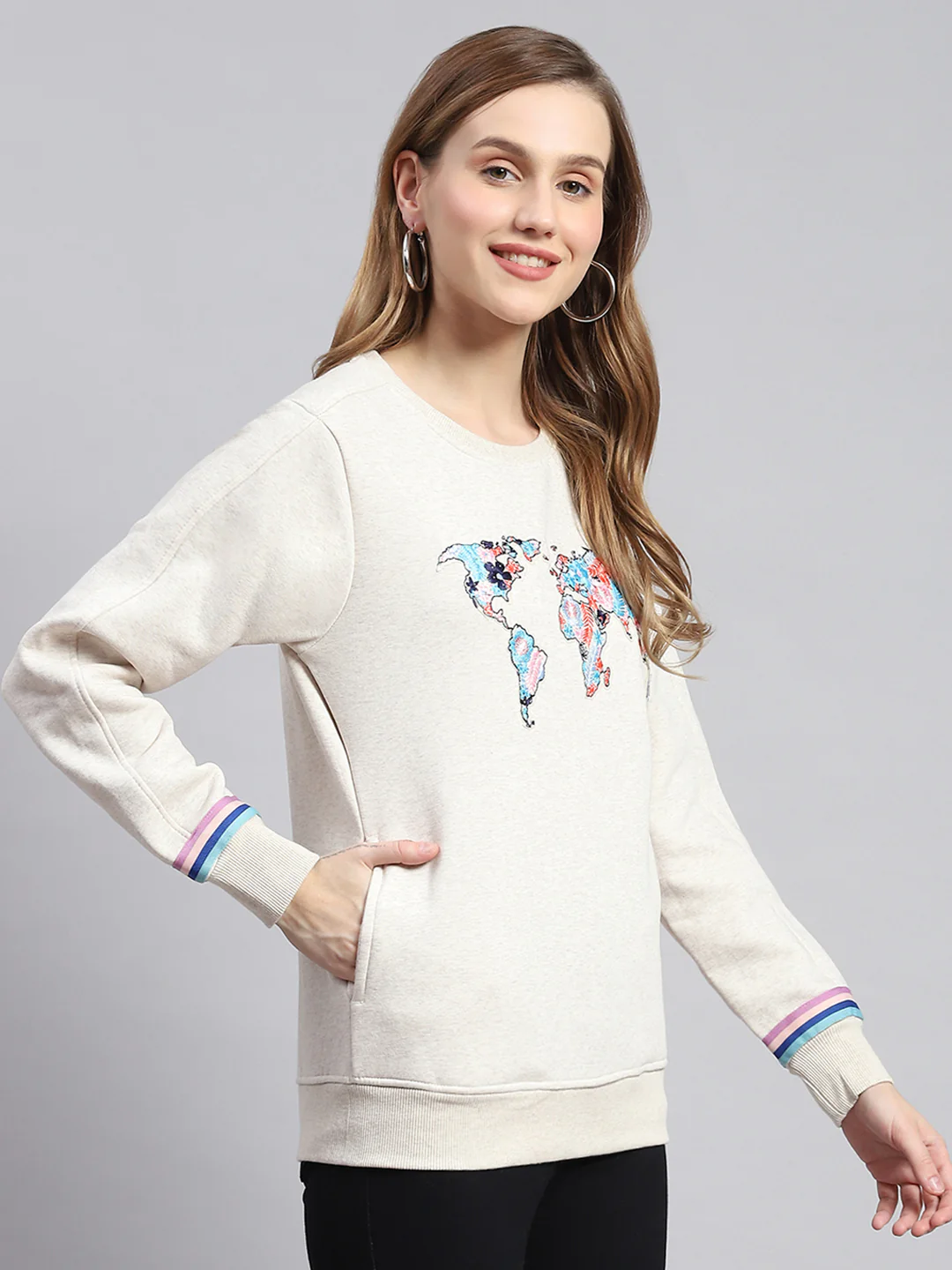 Women Beige Embroidered Round Neck Full Sleeve Sweatshirts - Image 4