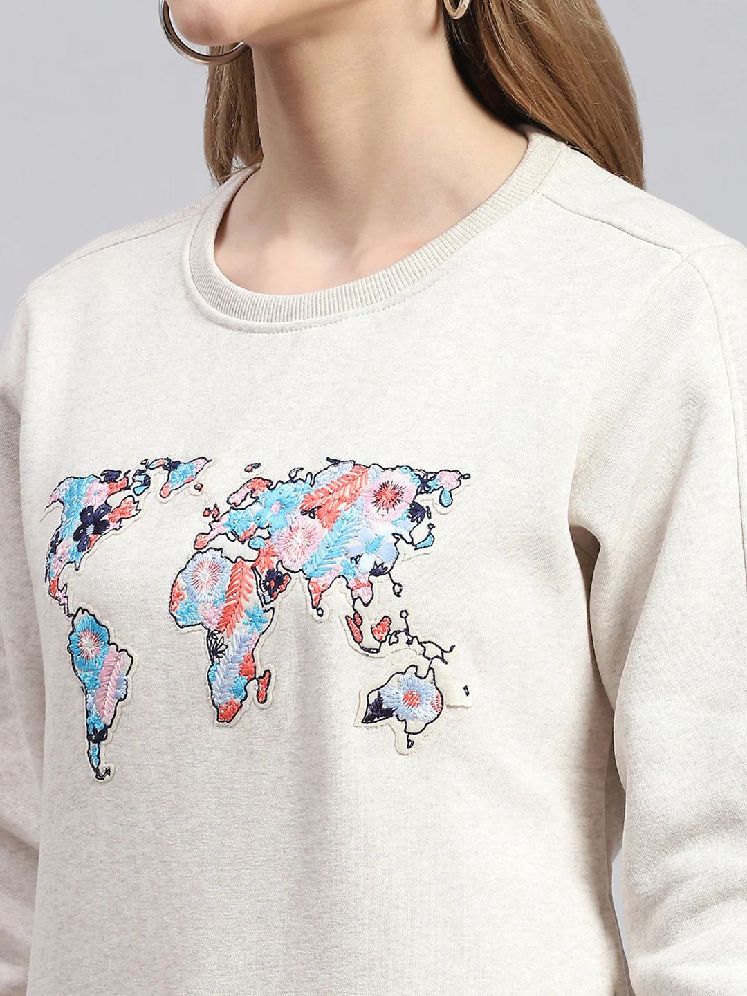 Women Beige Embroidered Round Neck Full Sleeve Sweatshirts - Image 6