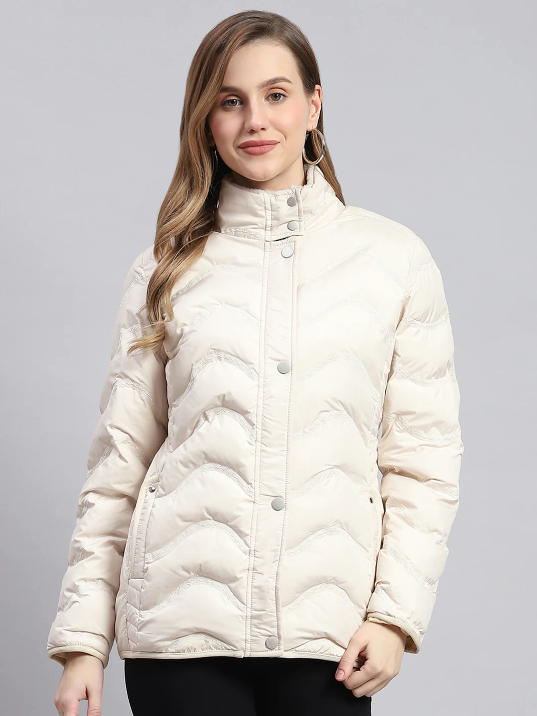 Women Beige Embroidered Stand Collar Full Sleeve Jackets - Image 2