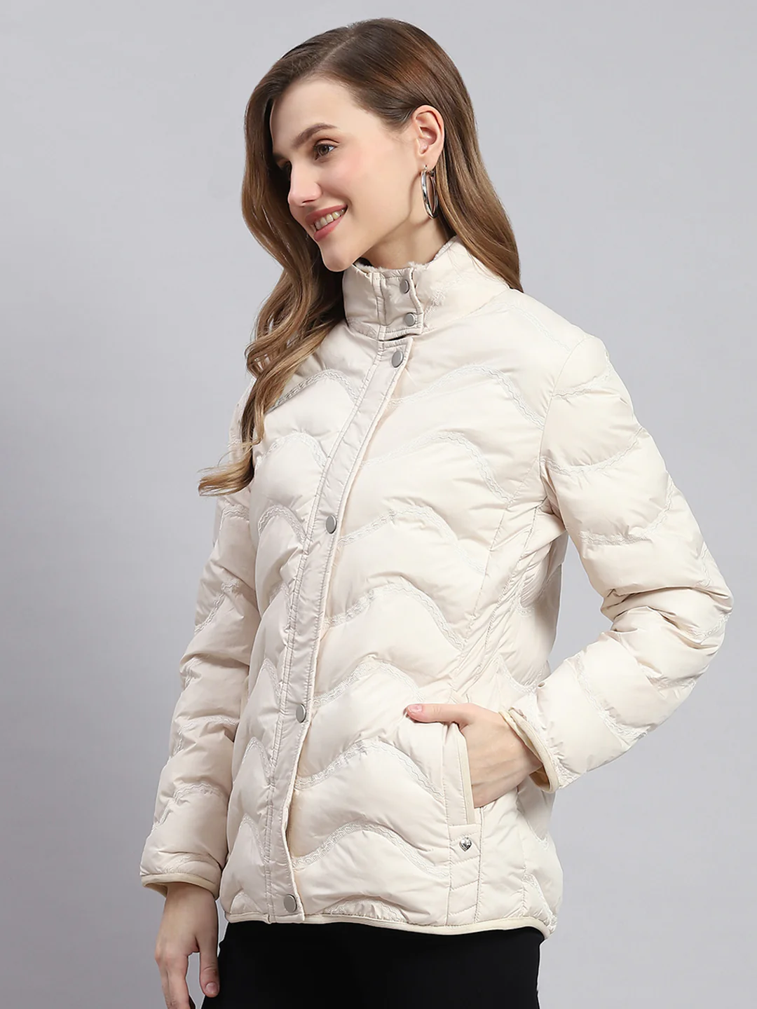 Women Beige Embroidered Stand Collar Full Sleeve Jackets - Image 3