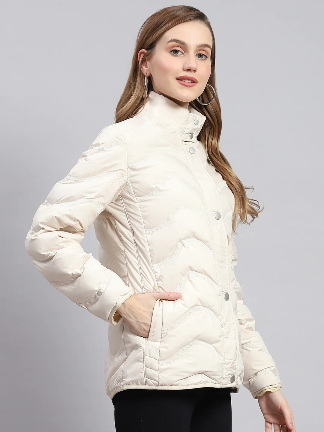 Women Beige Embroidered Stand Collar Full Sleeve Jackets - Image 4