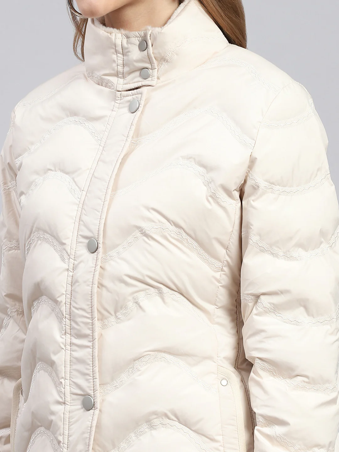 Women Beige Embroidered Stand Collar Full Sleeve Jackets - Image 6
