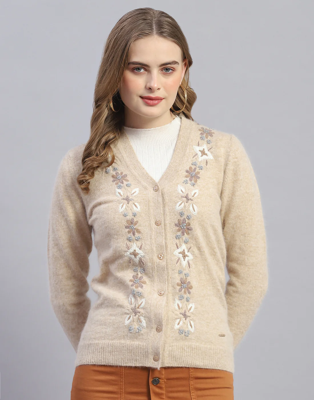Women Beige Embroidered V Neck Full Sleeve Cardigan - Image 2