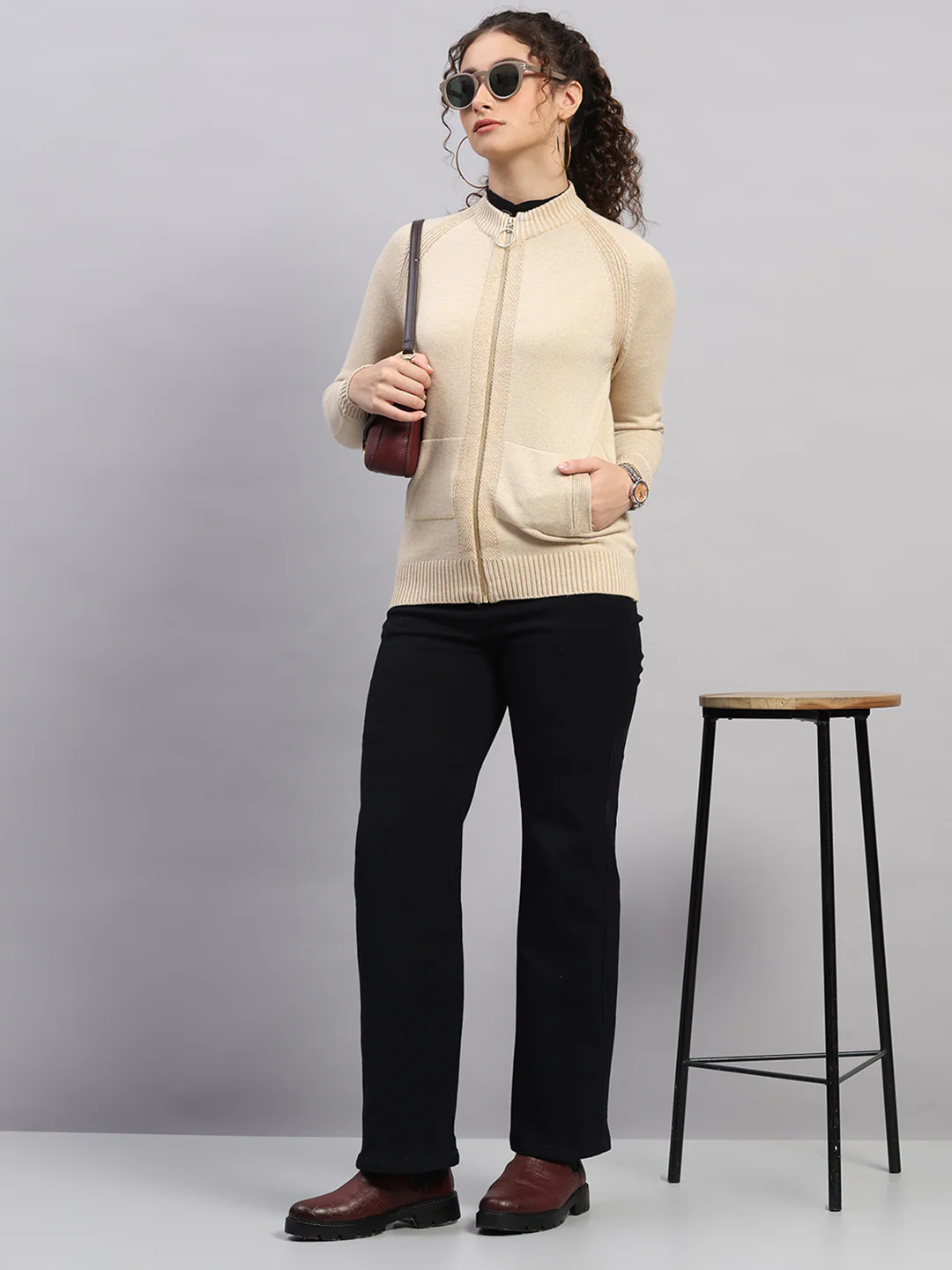 Women Beige Jaquard Round Neck Full Sleeve Cardigan - Image 2