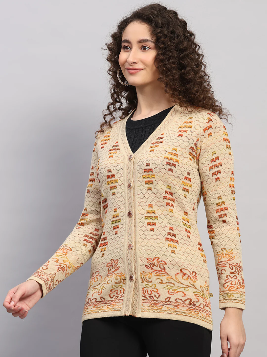 Women Beige Jaquard V Neck Full Sleeve Cardigan - Image 3