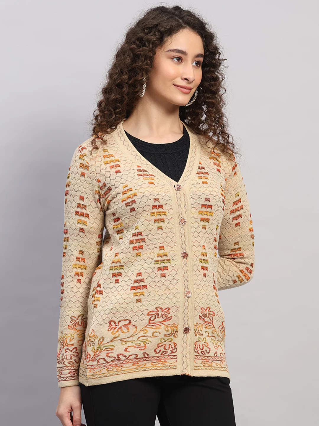 Women Beige Jaquard V Neck Full Sleeve Cardigan - Image 4