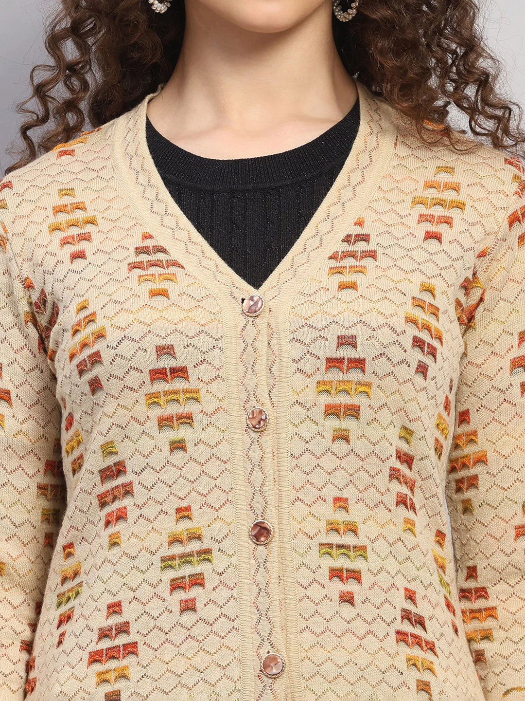 Women Beige Jaquard V Neck Full Sleeve Cardigan - Image 6