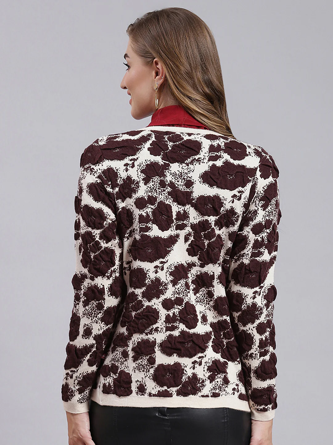 Women Beige Jaquard Wool blend Cardigan - Image 5