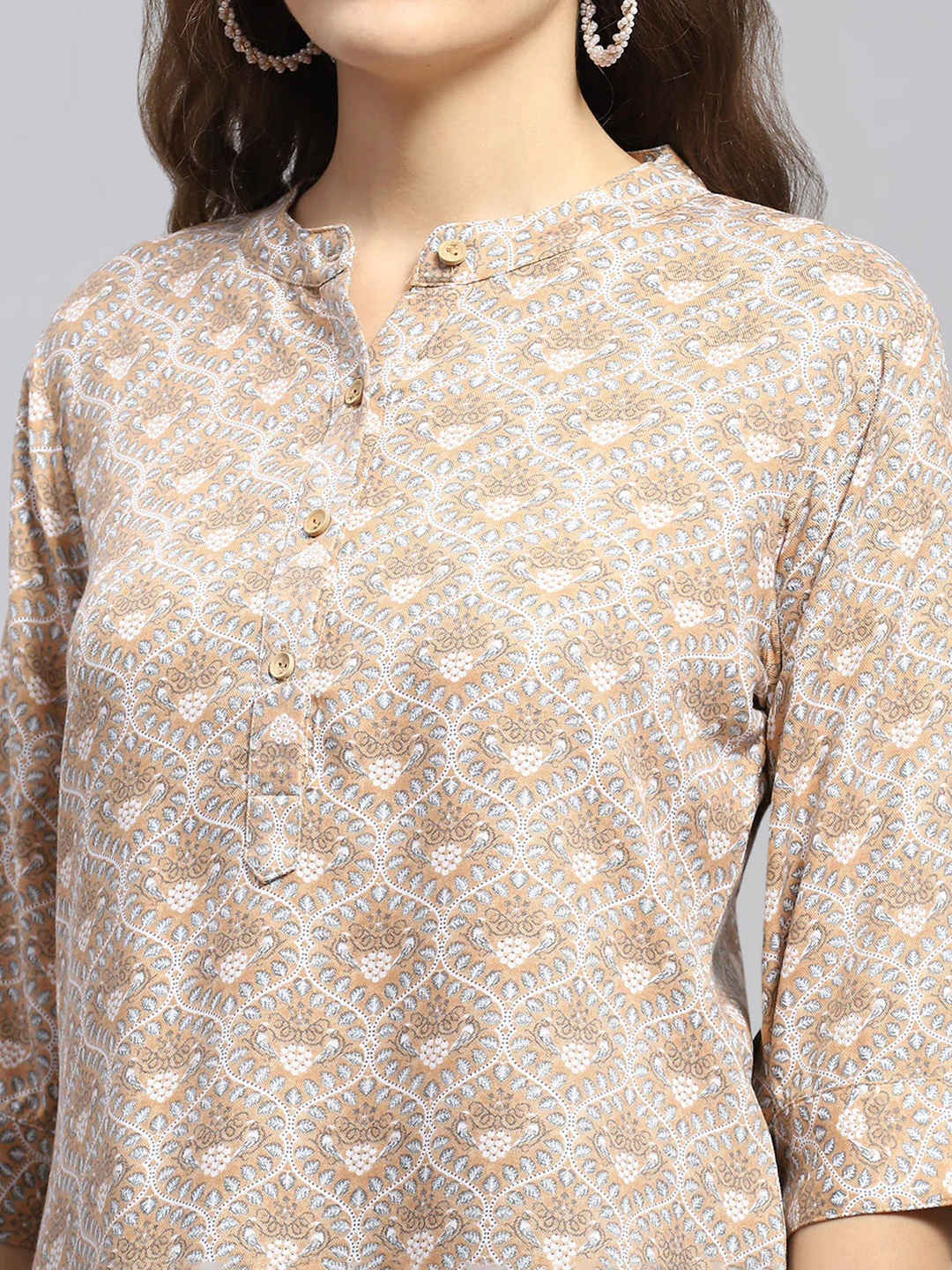 Women Beige Printed Band Collar 3/4 Sleeve Top - Image 6