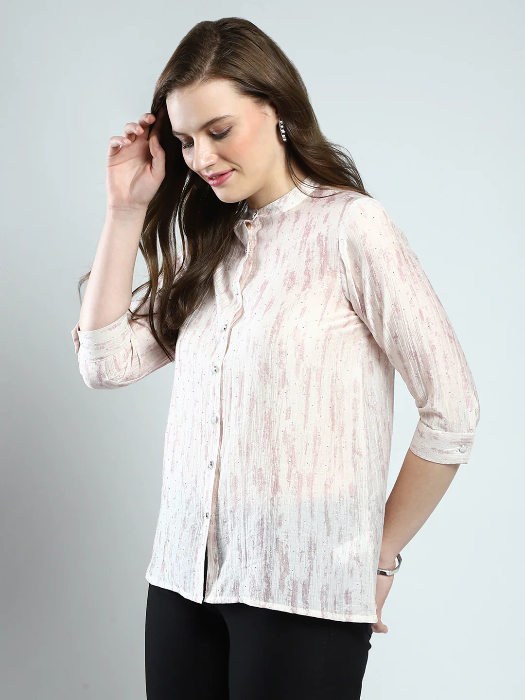 Women Beige Printed Band Collar 3/4th Sleeve Top - Image 3