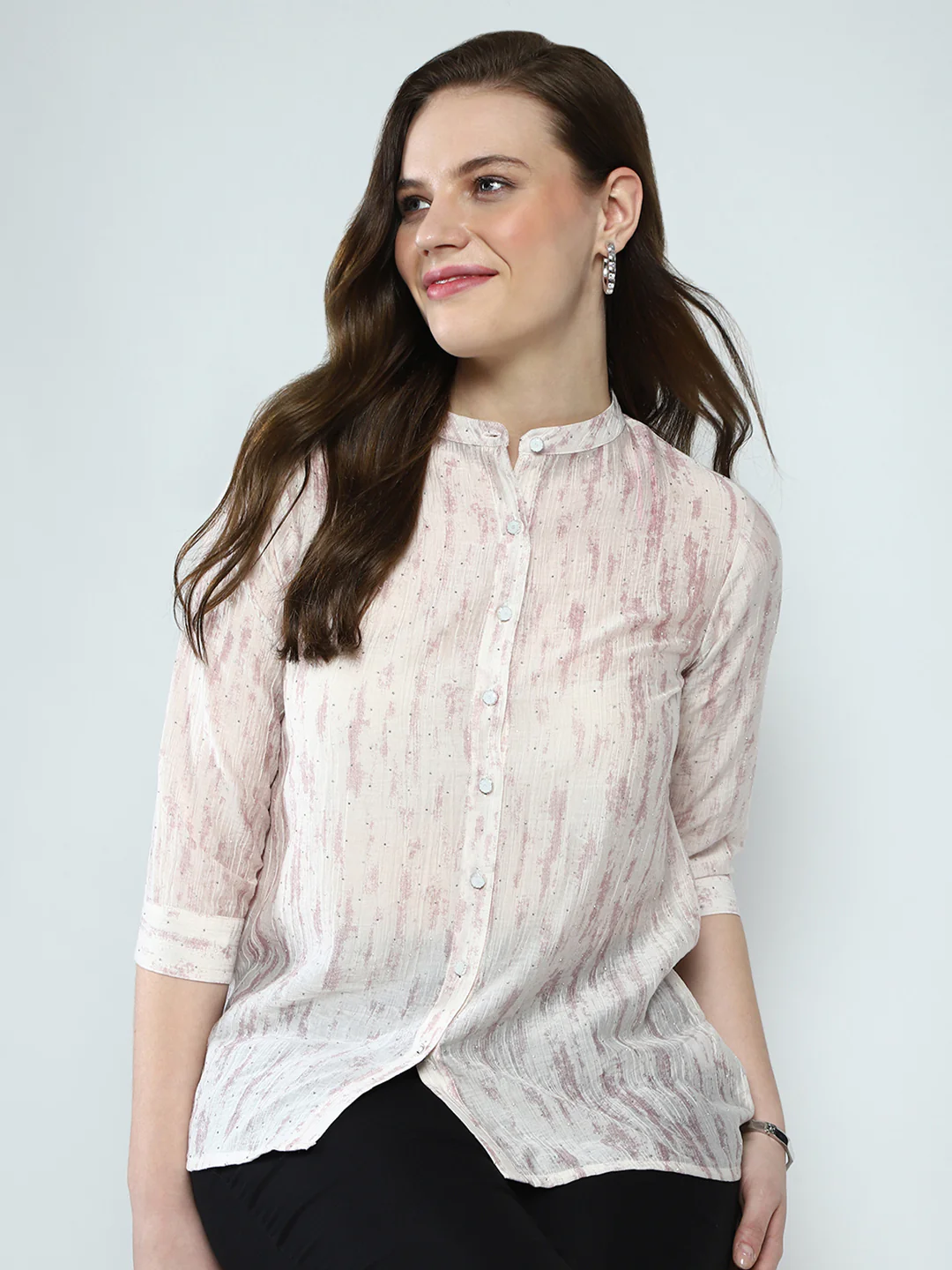Women Beige Printed Band Collar 3/4th Sleeve Top - Image 6