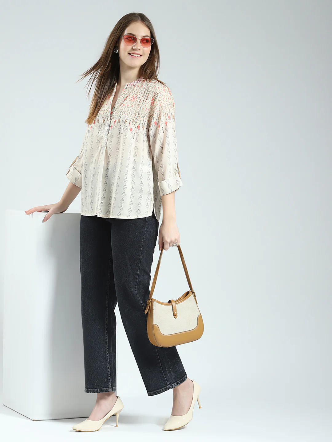 Women Beige Printed Band Neck 3/4th Sleeve Top - Image 2