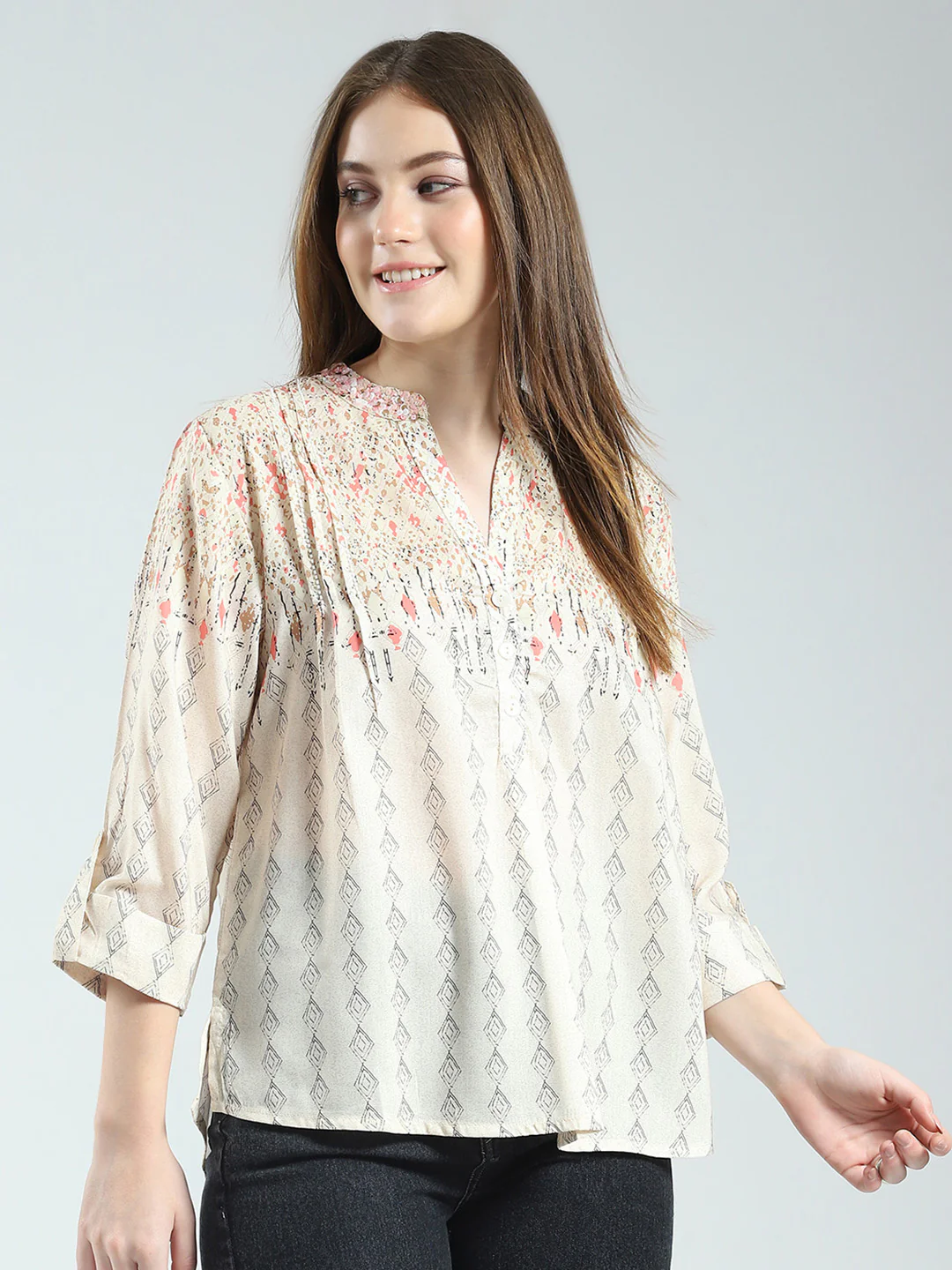 Women Beige Printed Band Neck 3/4th Sleeve Top - Image 4