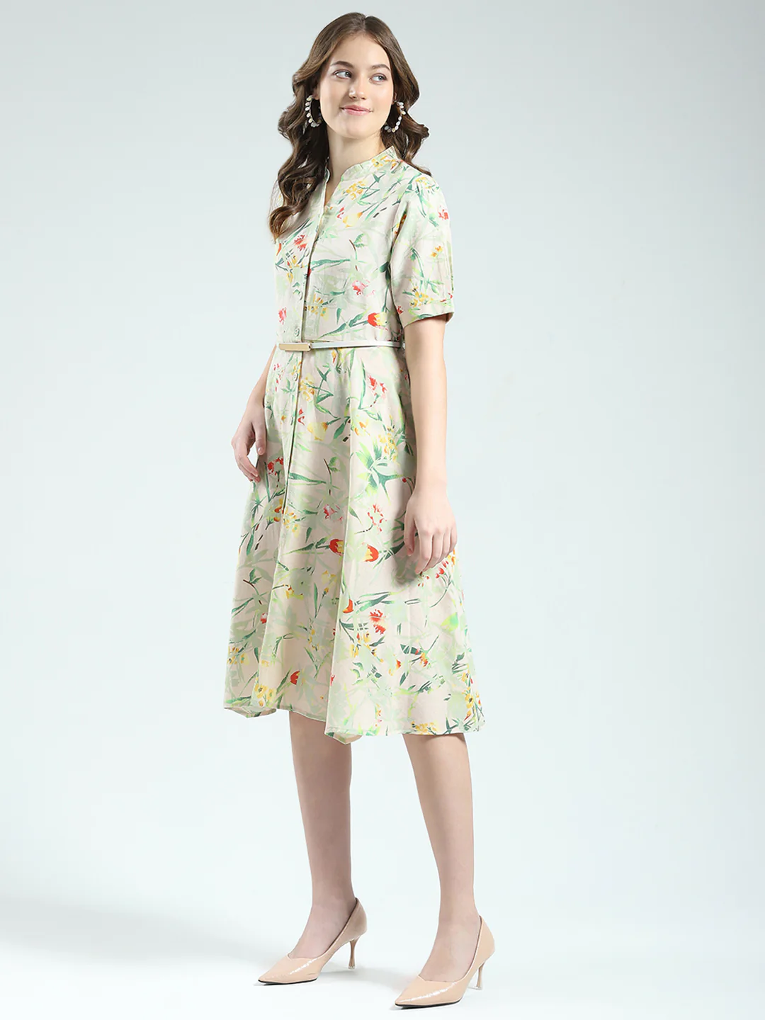 Women Beige Printed Band Neck Half Sleeve Dress - Image 5