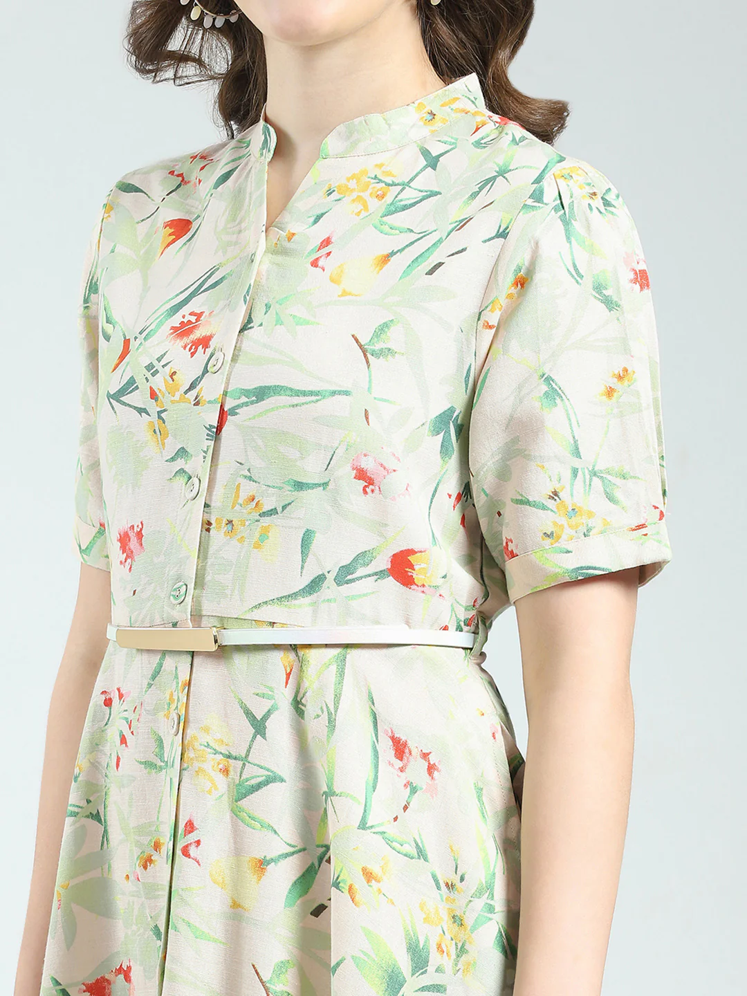 Women Beige Printed Band Neck Half Sleeve Dress - Image 7